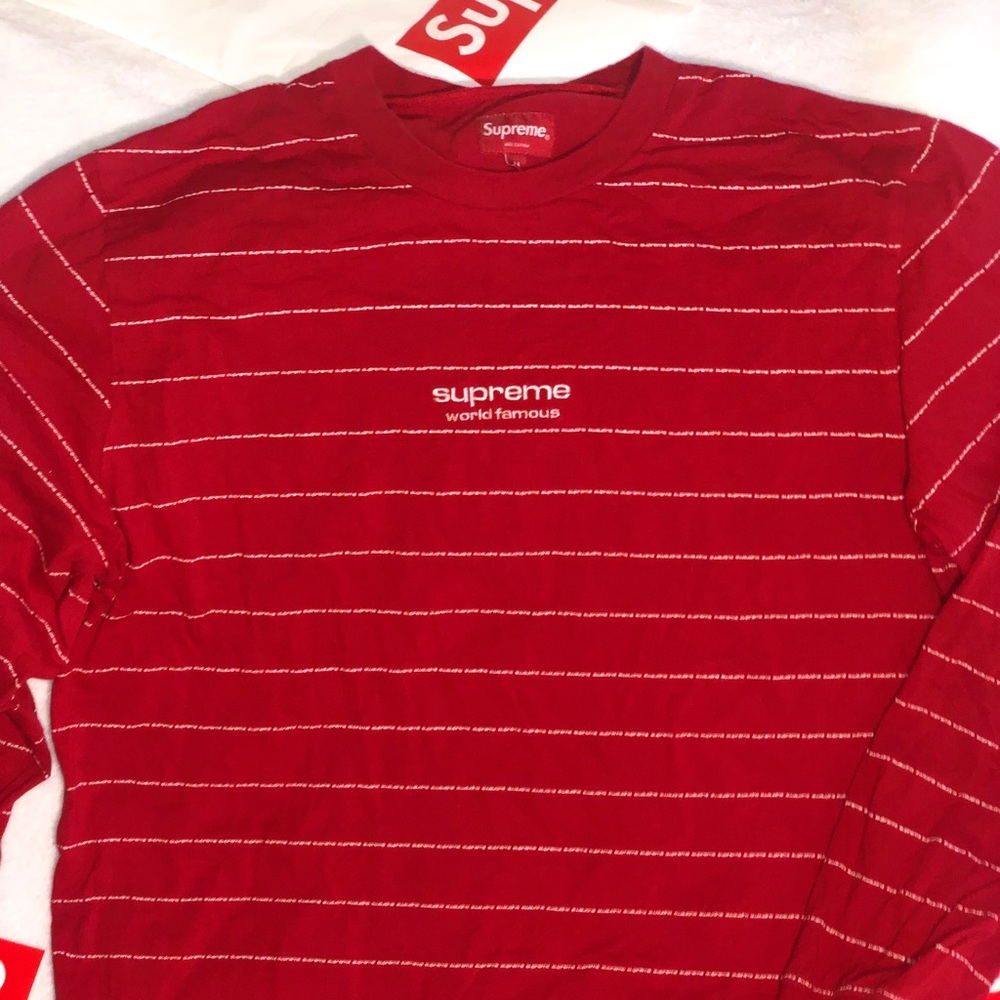 SUPREME STRIPED WORLD FAMOUS LONGSLEEVE RED FW17 M